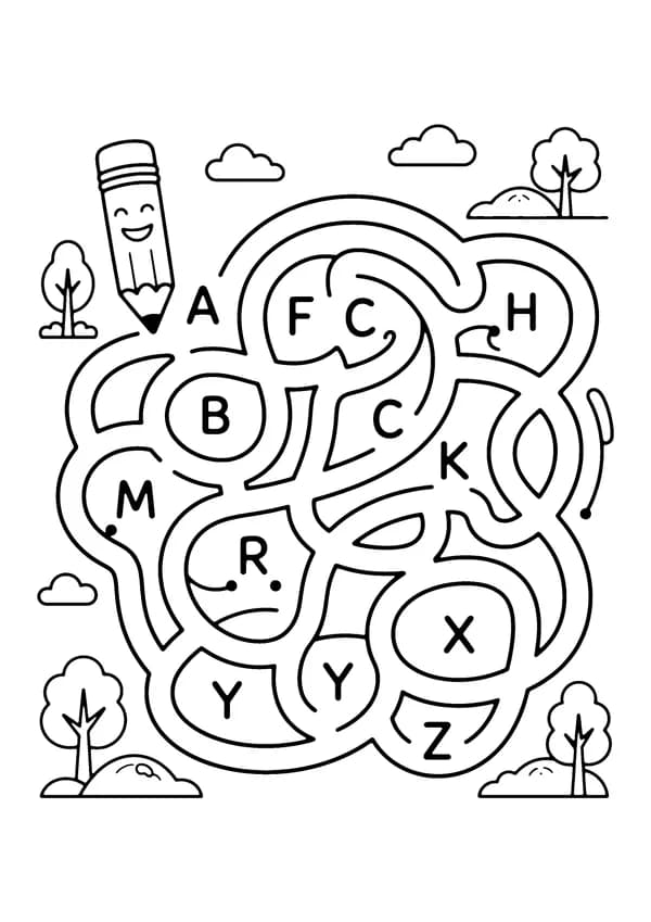 Printable hand-drawn Alphabet Activity Maze coloring page