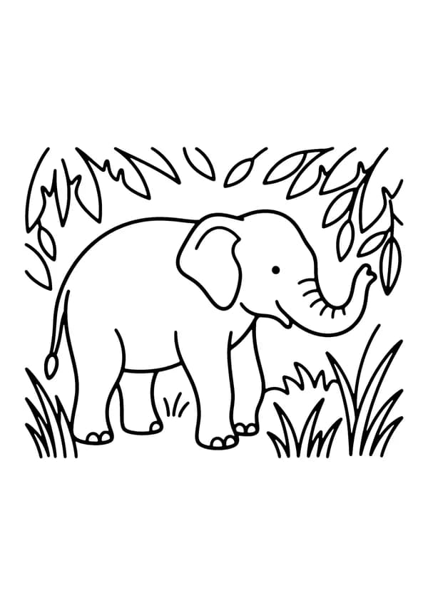 Printable hand-drawn Asian Elephant in the Jungle coloring page