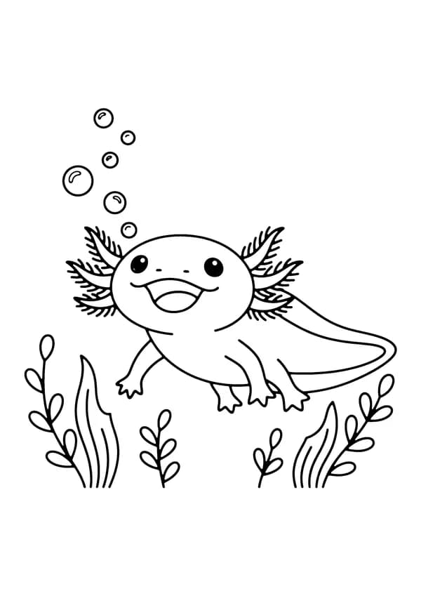 Printable hand-drawn Axolotl Blowing Bubbles coloring page
