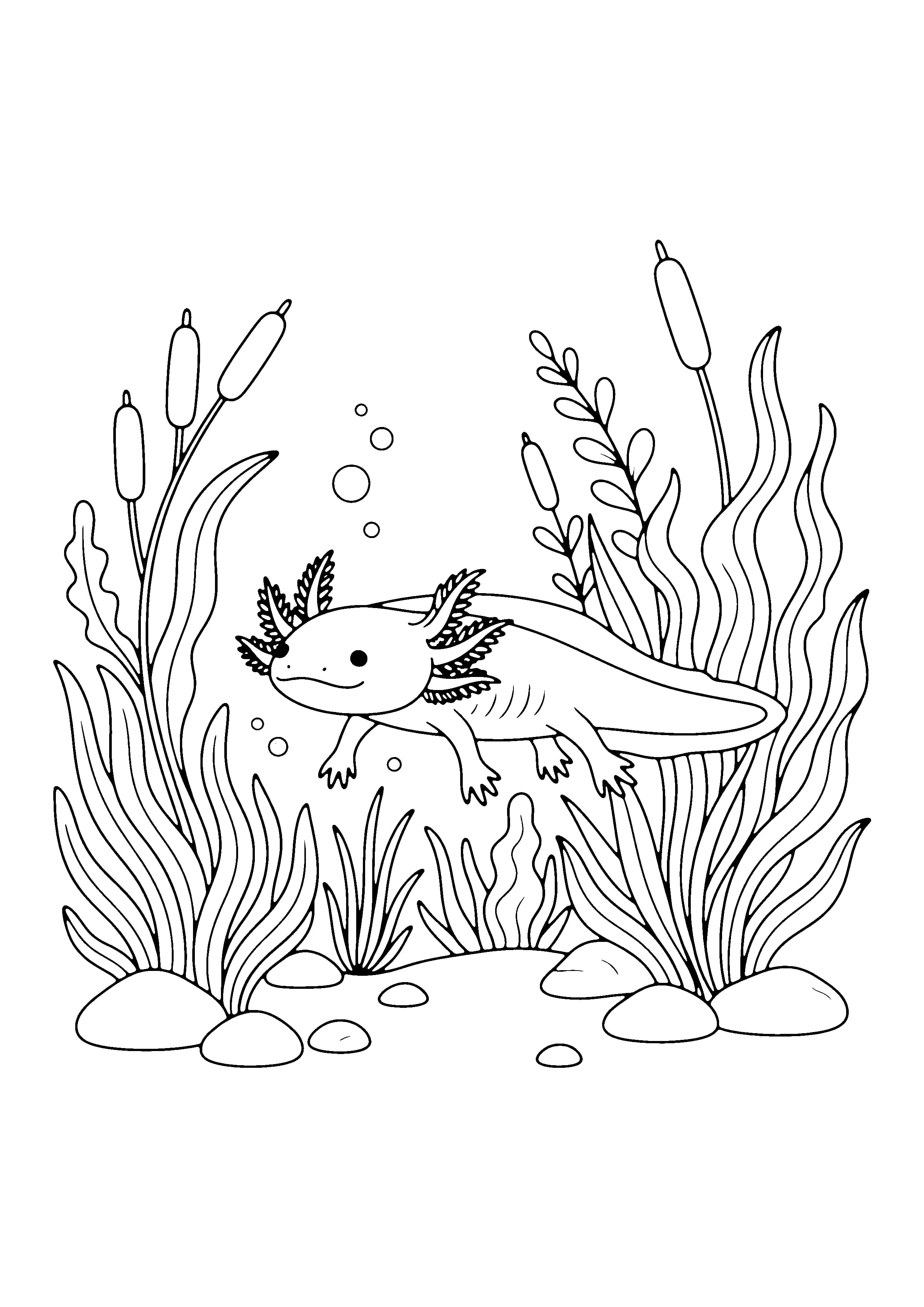 Printable hand-drawn Axolotl in Water Plants coloring page