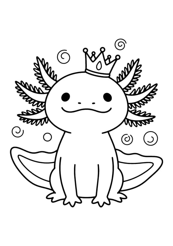 Printable hand-drawn Axolotl Wearing a Crown coloring page