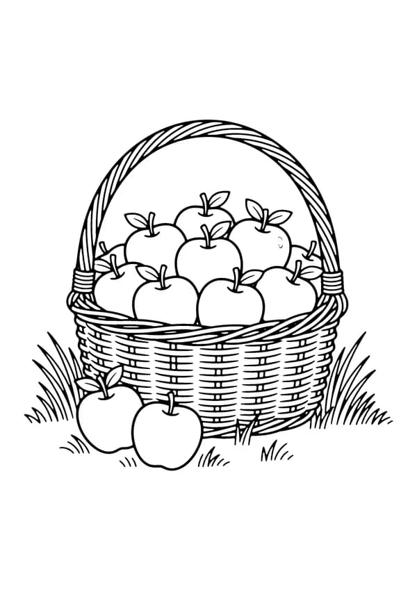 Printable hand-drawn Basket of Fall Apples coloring page