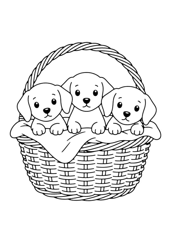 Printable hand-drawn Basket of Puppies coloring page