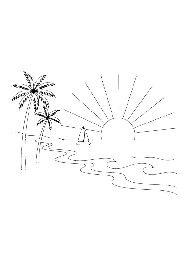 Printable hand-drawn Beach Sunset Scene coloring page