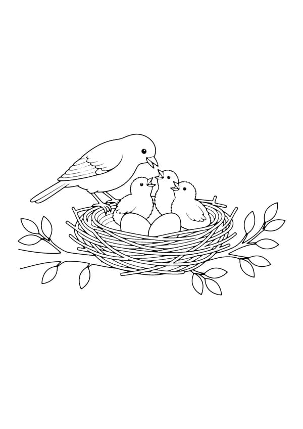 Printable hand-drawn Bird Family in a Nest coloring page