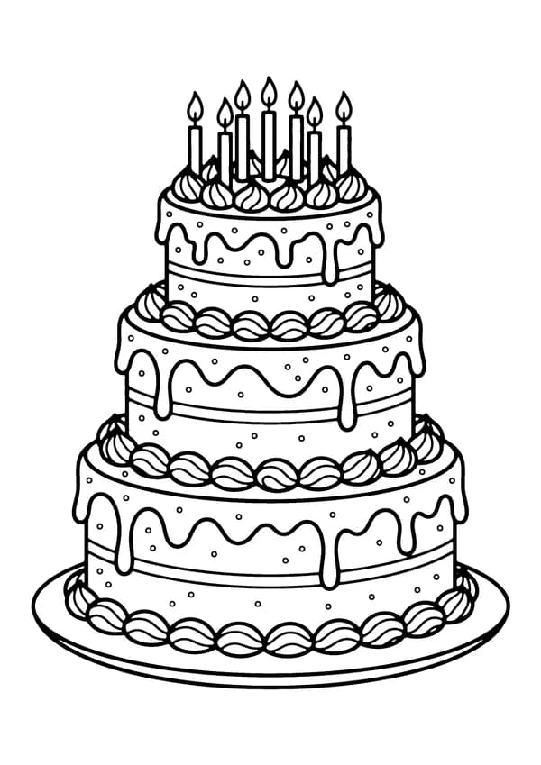 Printable hand-drawn Birthday Cake with Candles coloring page