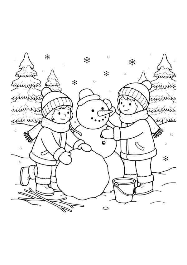 Printable hand-drawn Building a Snowman coloring page