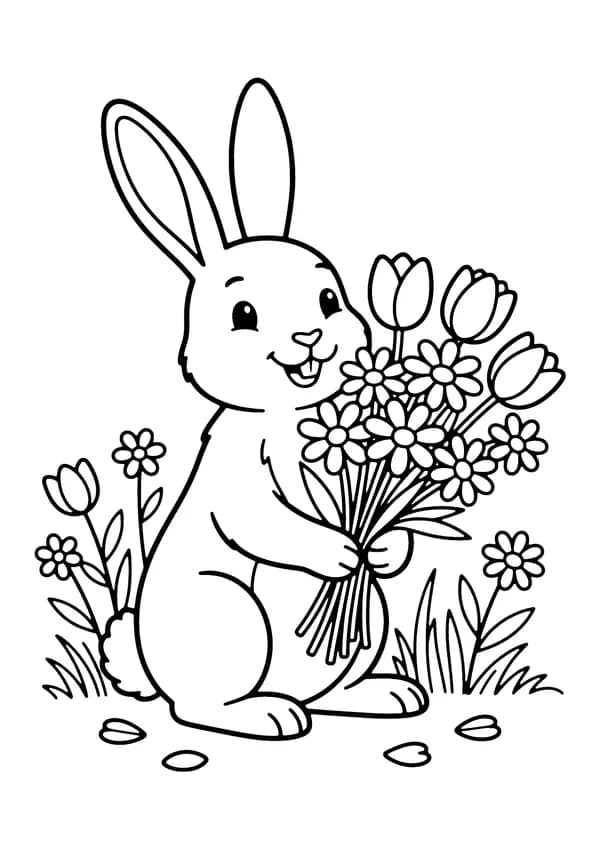Printable hand-drawn Bunny With a Spring Bouquet coloring page