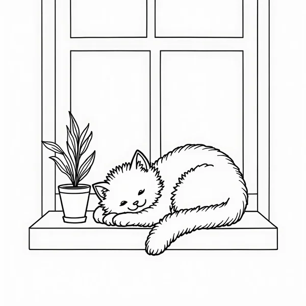 Cozy Cat by the Window — free printable cozy coloring page for kids and adults. coloring page in Cozy