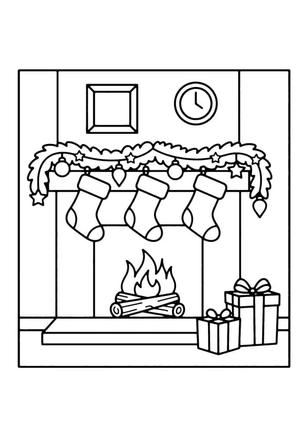 Printable hand-drawn Cozy Christmas Fireplace coloring page