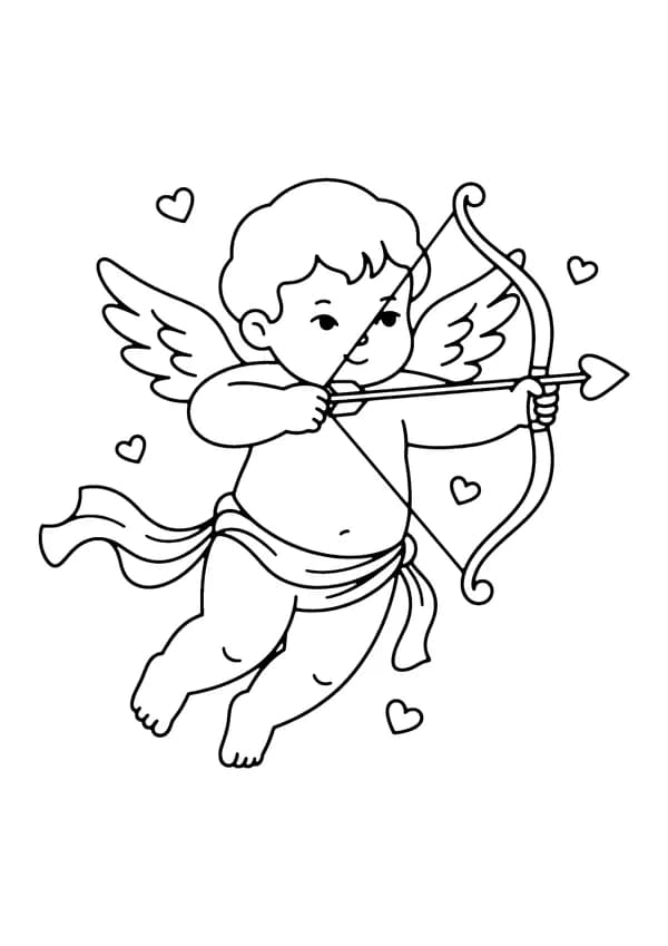 Printable hand-drawn Cupid with Bow and Arrow coloring page