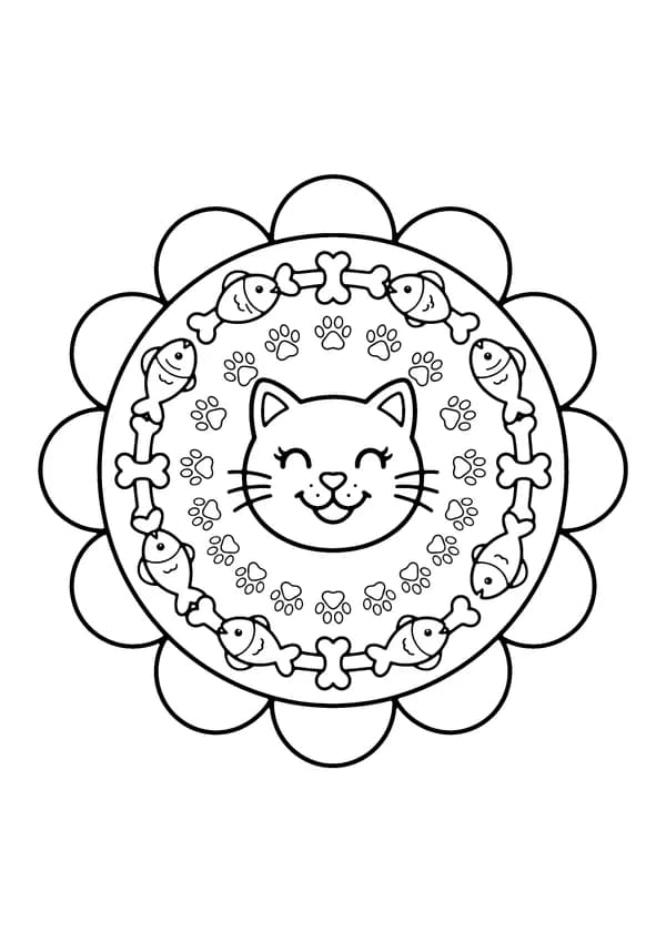 Printable hand-drawn Cute Animal Mandala coloring page for kids