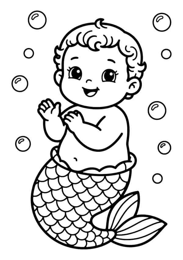 Printable hand-drawn Cute Baby Mermaid coloring page