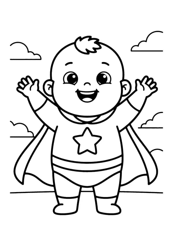 Printable hand-drawn Cute Superhero Toddler coloring page