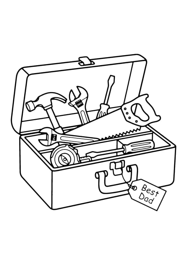 Printable hand-drawn Dad's Toolbox Close-Up coloring page
