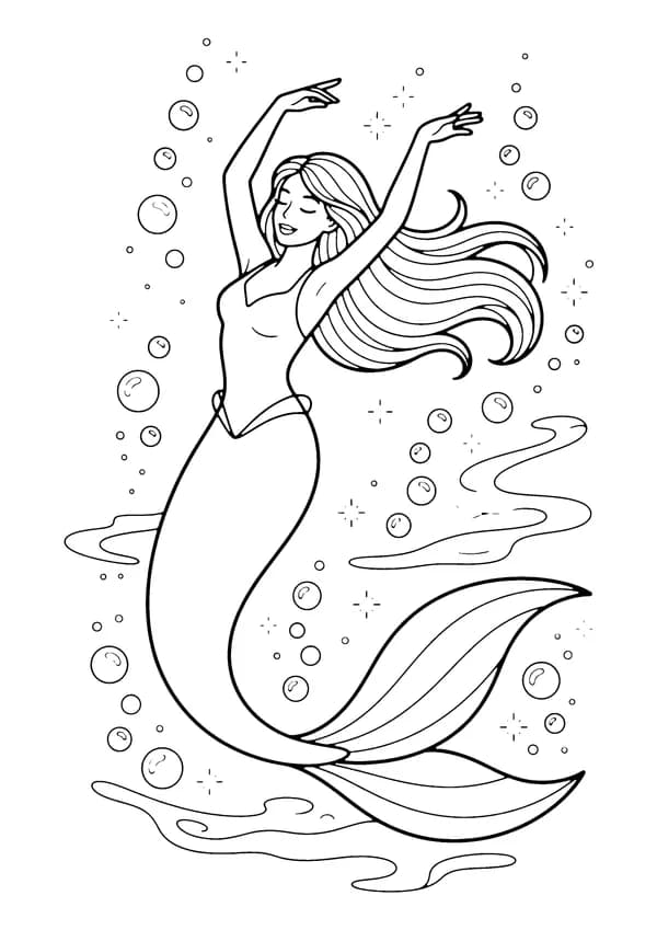 Printable hand-drawn Dancing Mermaid coloring page