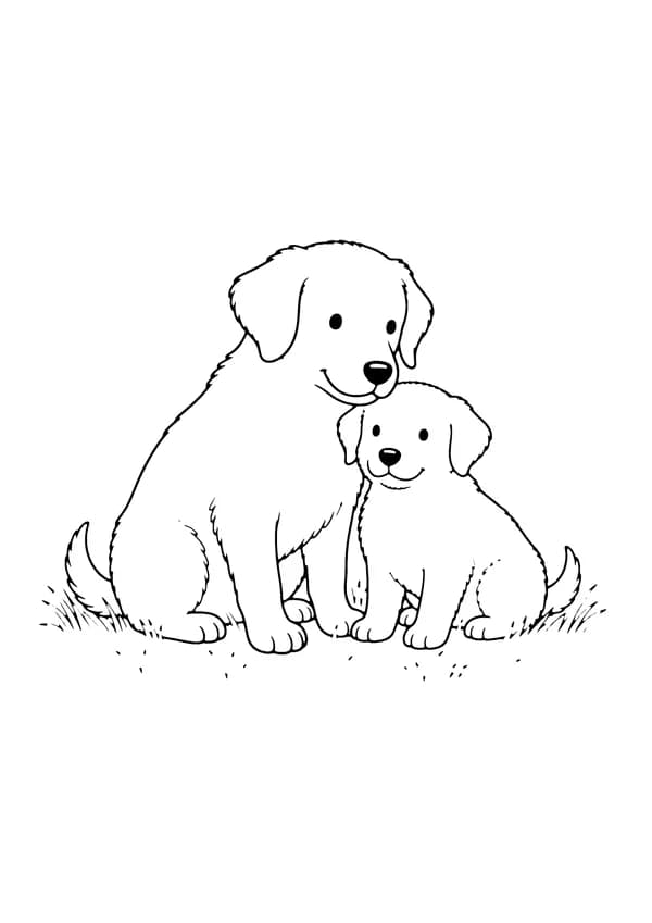 Printable hand-drawn Dog and Puppy coloring page