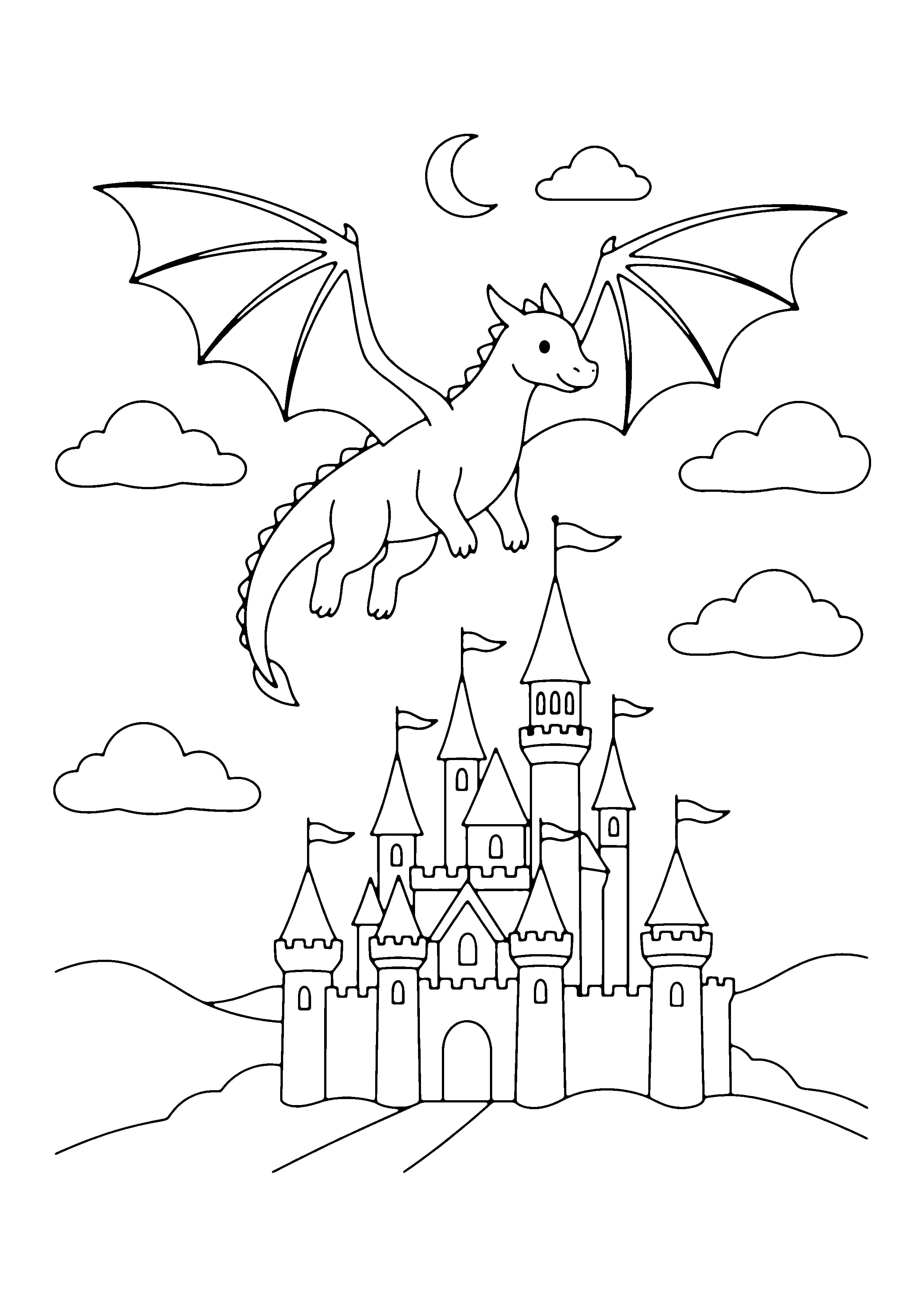 Printable hand-drawn Dragon and Castle coloring page