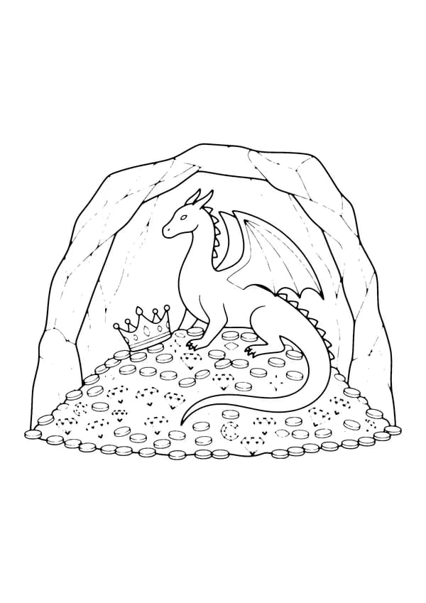 Printable hand-drawn Dragon Guarding Treasure coloring page