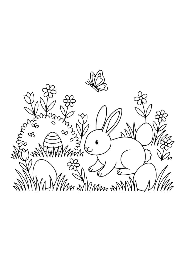 Printable hand-drawn Easter Egg Hunt Scene coloring page