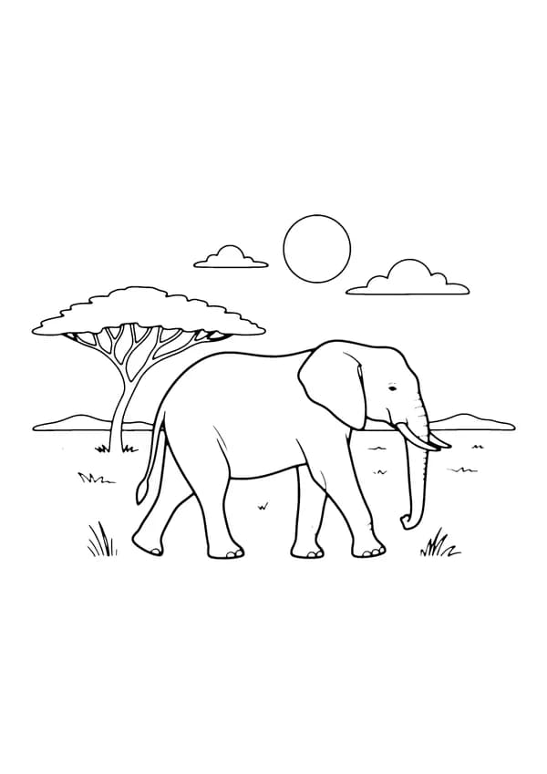Printable hand-drawn Elephant on the Savanna coloring page
