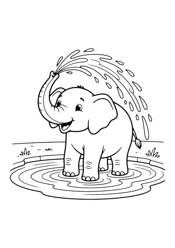 Printable hand-drawn Elephant Splashing Water coloring page