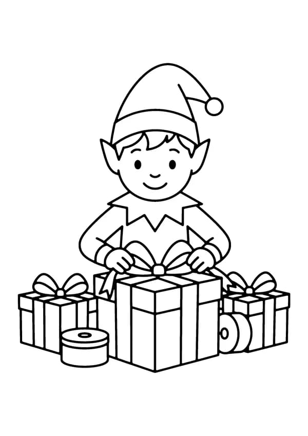 Printable hand-drawn Elf Wrapping Gifts coloring page