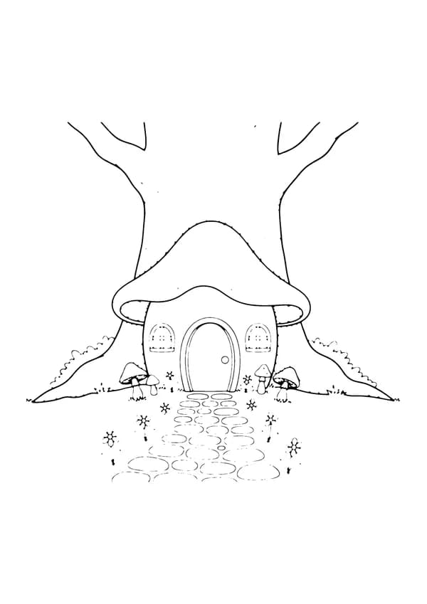 Printable hand-drawn Fairy House in a Tree coloring page