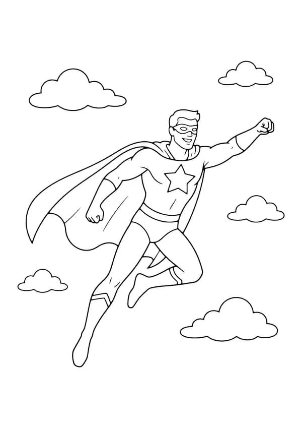 Printable hand-drawn Flying Caped Superhero coloring page