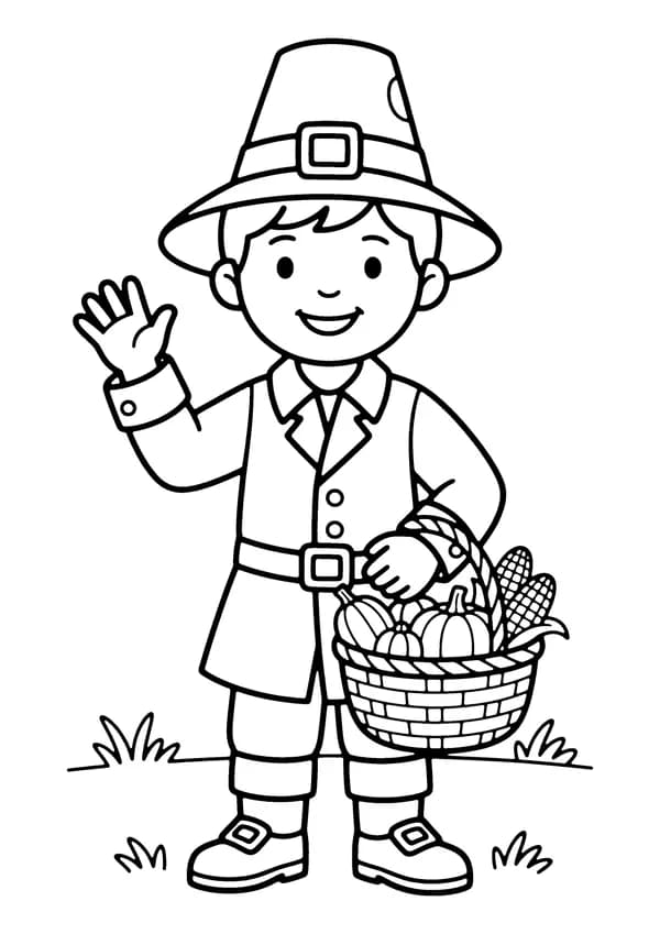Printable hand-drawn Friendly Pilgrim Boy coloring page