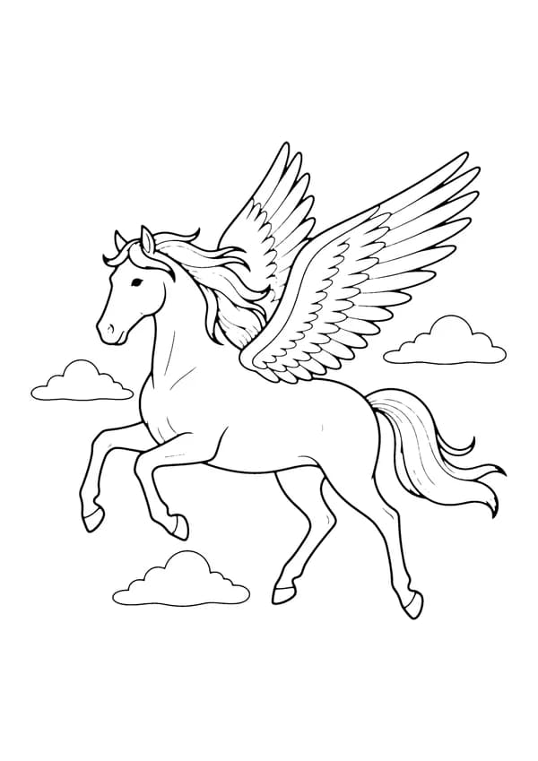 Printable hand-drawn Galloping Pegasus coloring page