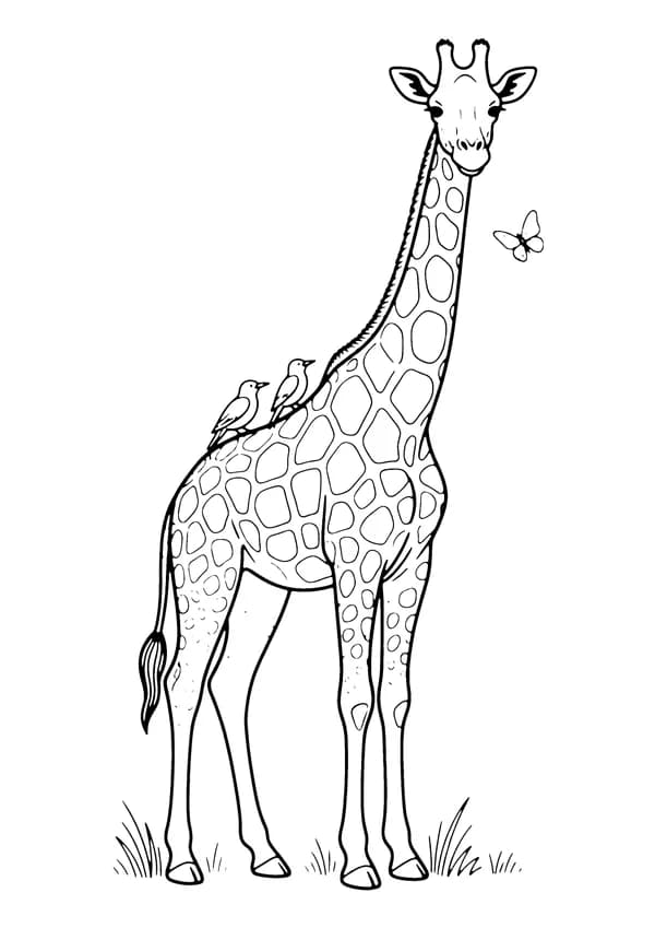 Printable hand-drawn Giraffe with Birds coloring page