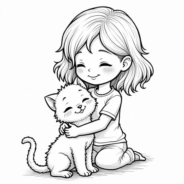 Girl and Her Kitten — free printable girl coloring page for kids and adults. coloring page in Girls