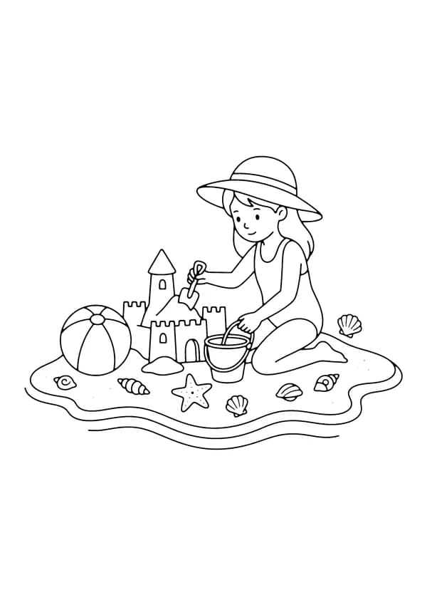 Printable hand-drawn Girl at the Beach coloring page