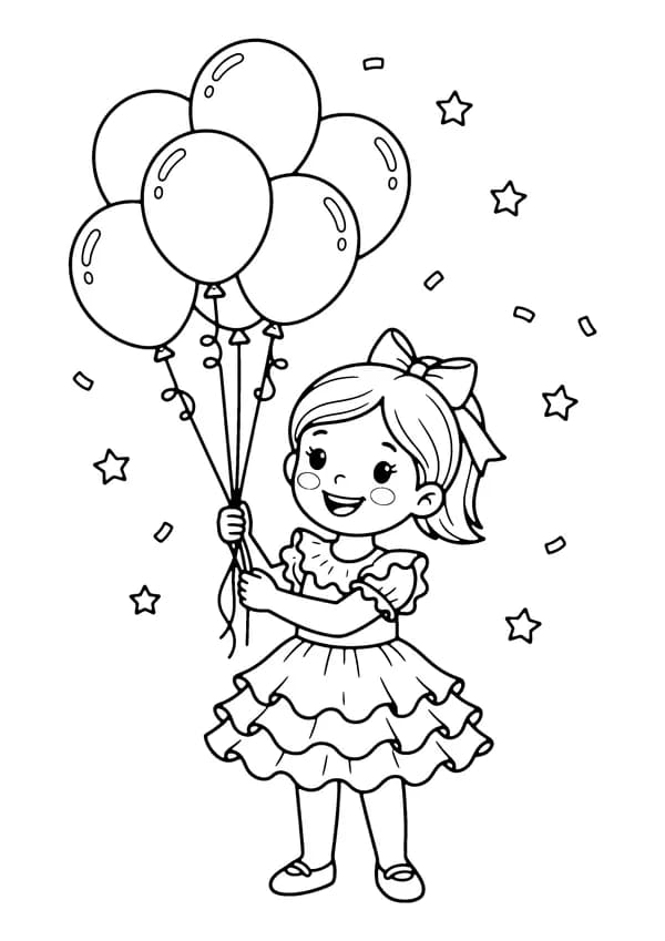Printable hand-drawn Girl with Balloons coloring page