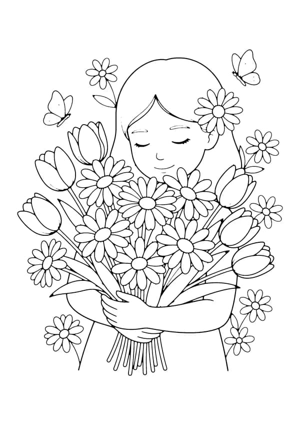 Printable hand-drawn Girl with Flowers coloring page