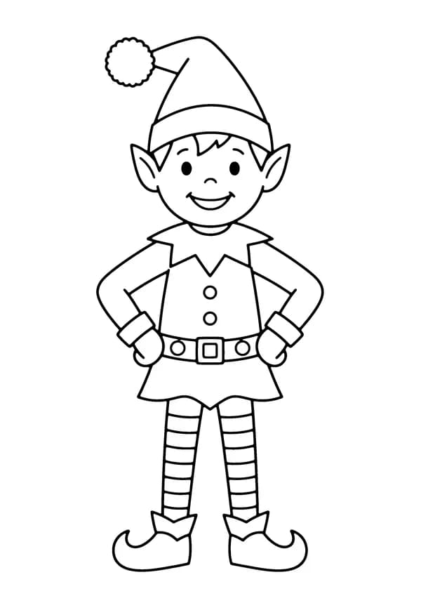 Printable hand-drawn Happy Christmas Elf coloring page
