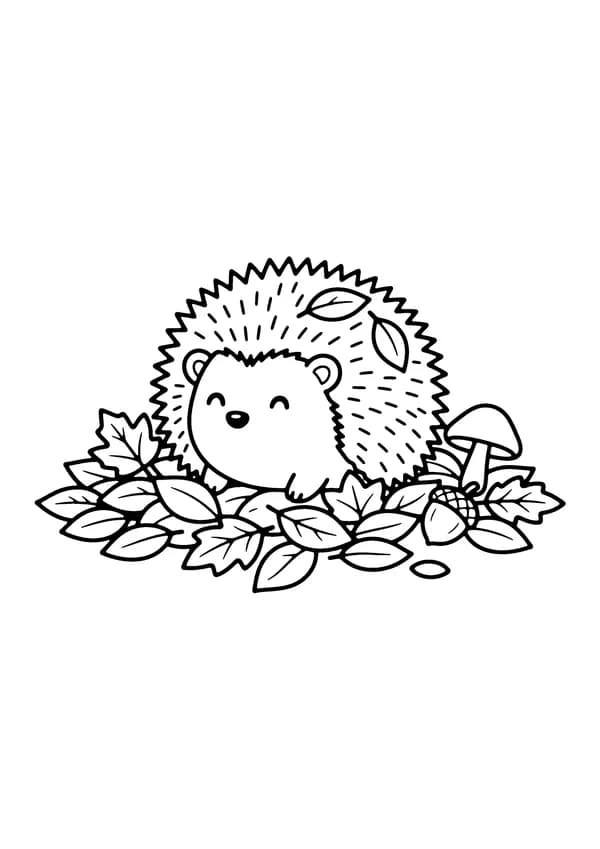 Printable hand-drawn Hedgehog in the Leaves coloring page
