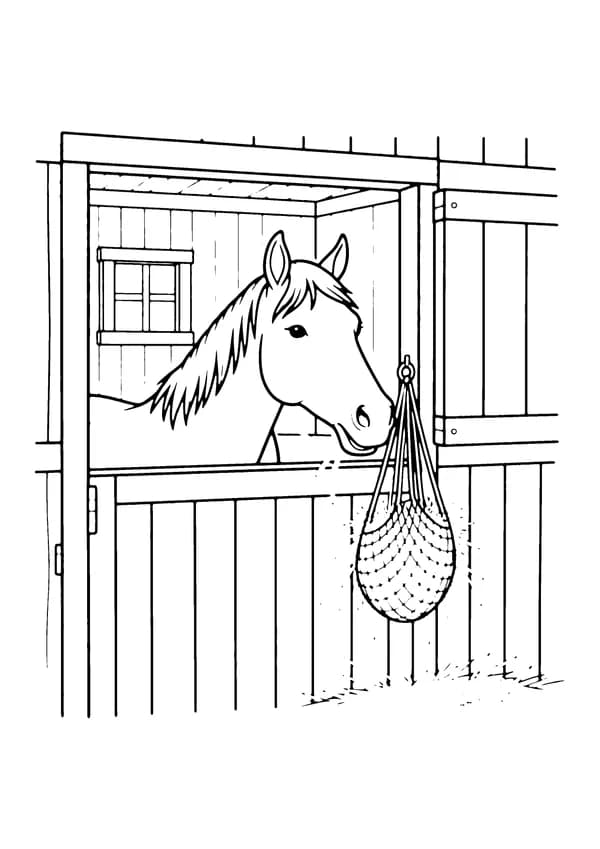 Printable hand-drawn Horse in the Barn coloring page