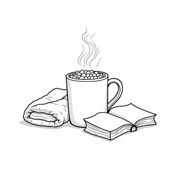 Hot Cocoa and Blanket — free printable cozy coloring page for kids and adults. coloring page in Cozy