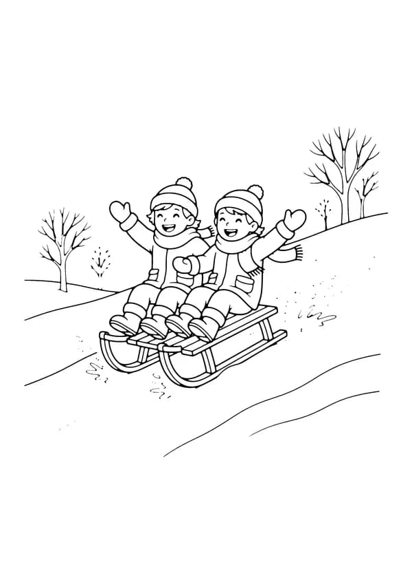 Printable hand-drawn Kids Sledding Downhill coloring page