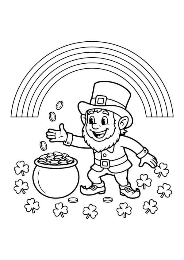 Printable hand-drawn Leprechaun Catching a Coin coloring page