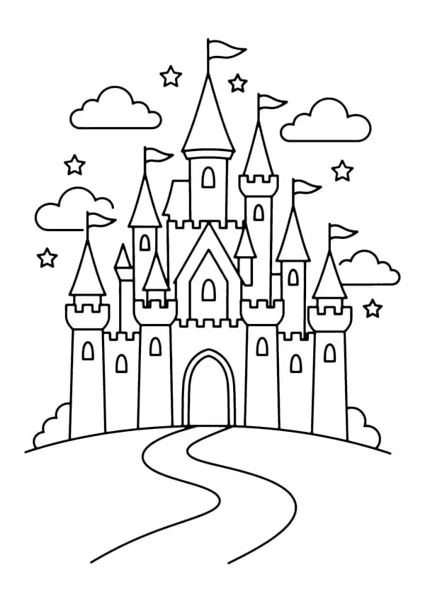 Printable hand-drawn Magic Castle coloring page