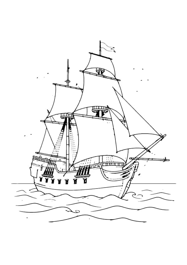 Printable hand-drawn Mayflower Ship coloring page