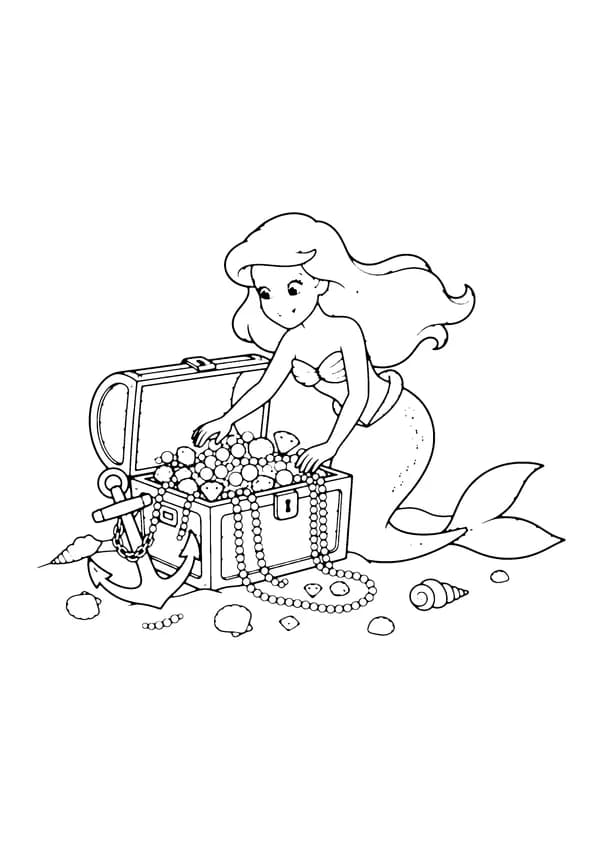 Printable hand-drawn Mermaid Treasure Chest coloring page
