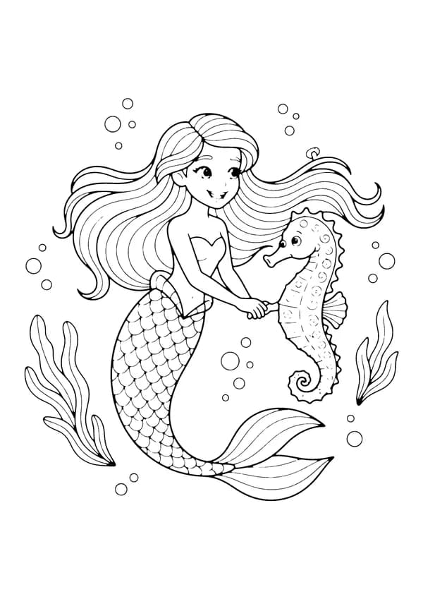 Printable hand-drawn Mermaid with Seahorse coloring page