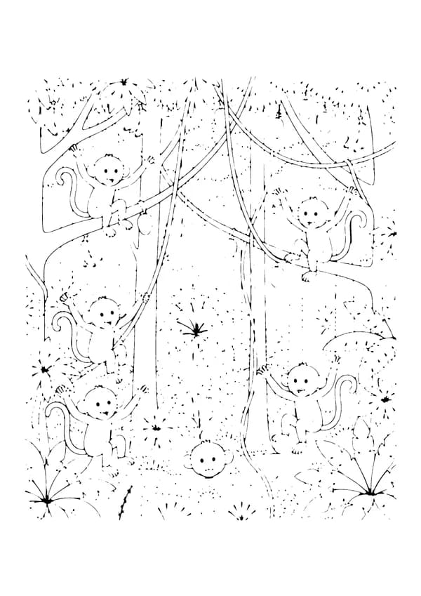 Printable hand-drawn Monkey Troop in the Jungle coloring page