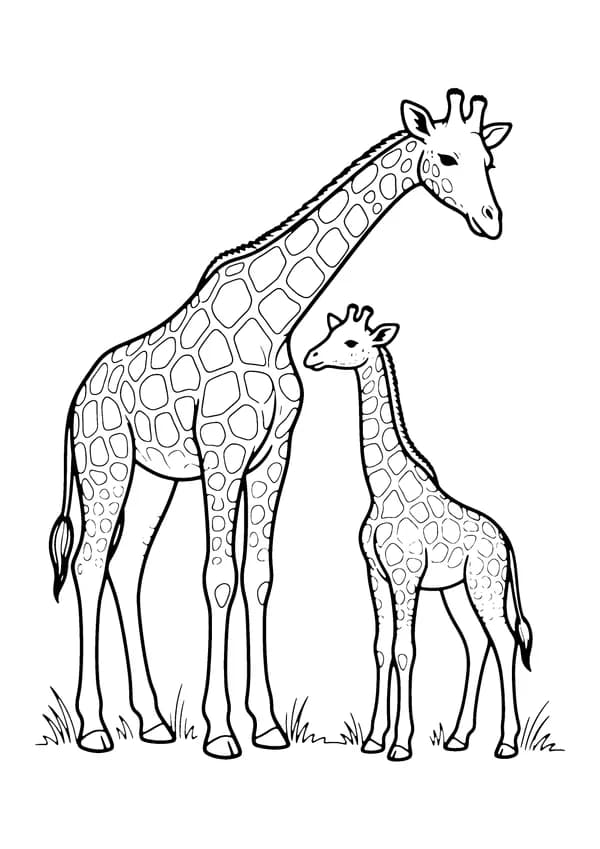 Printable hand-drawn Mother and Baby Giraffe coloring page