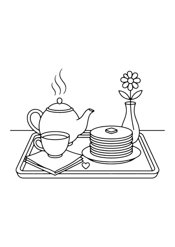 Printable hand-drawn Mother's Day Breakfast in Bed coloring page