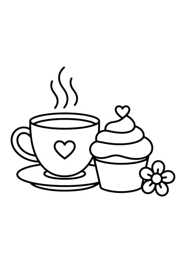 Printable hand-drawn Mother's Day Teacup and Cupcake coloring page